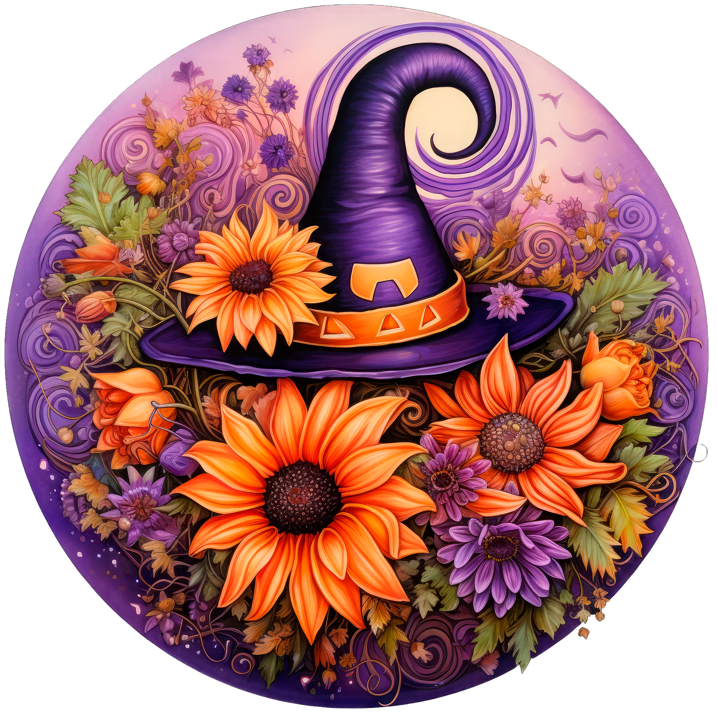 Colorful witches hat surrounded by sunflowers
