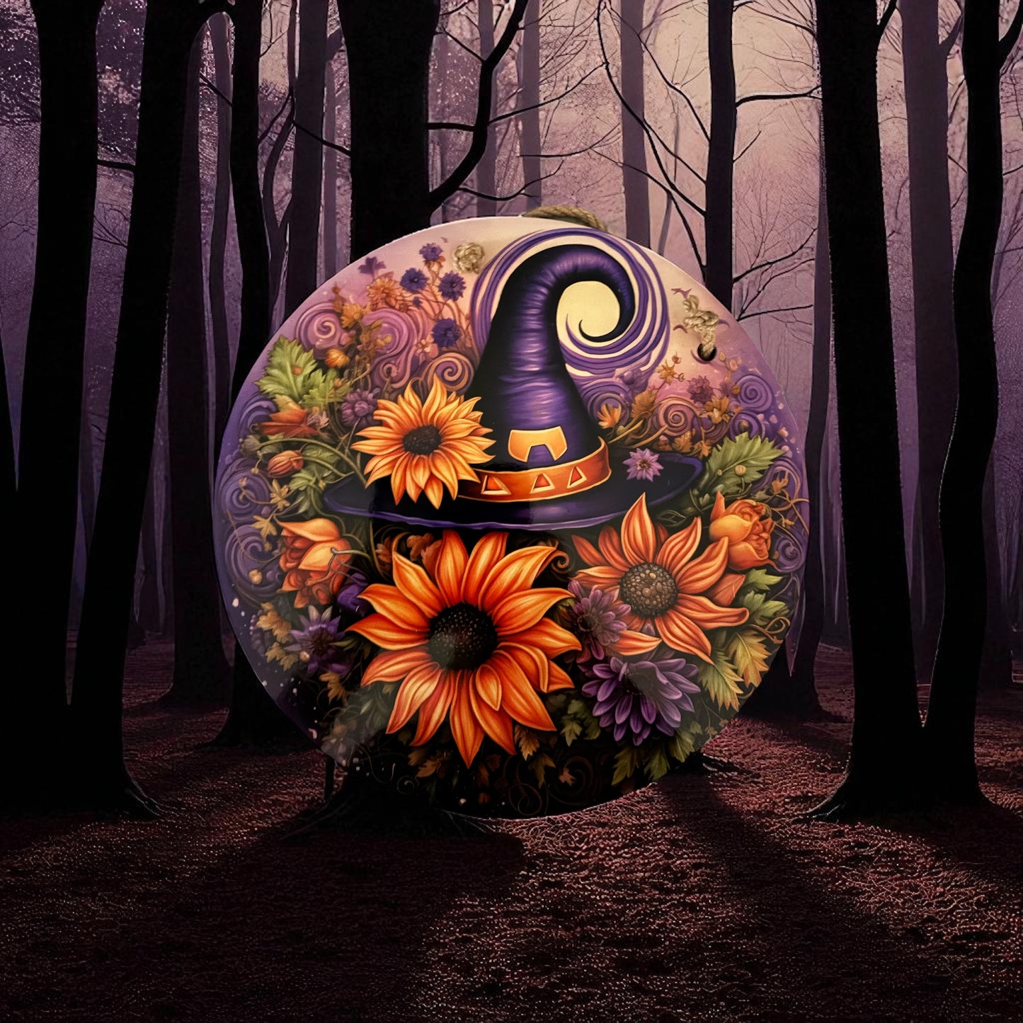 Colorful witches hat surrounded by sunflowers